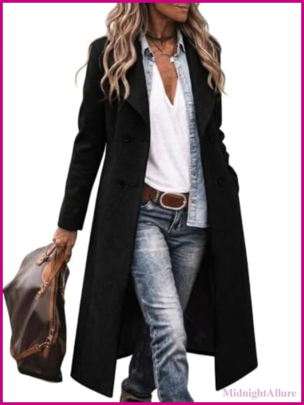 Womens Long Wool Blend Shawl Collar Double Breasted Trench Coat